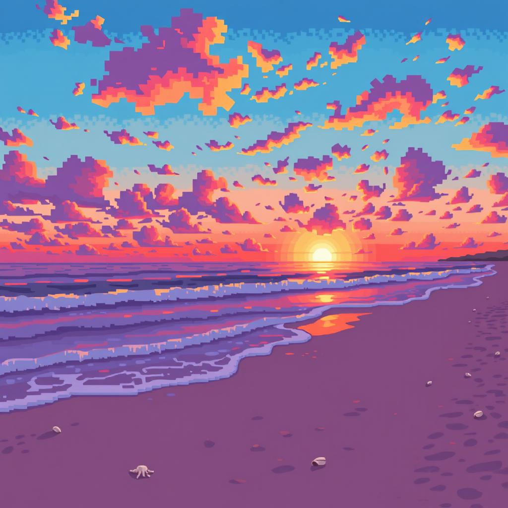 A vibrant beach scene at sunset, with large, stylized pixels creating a pixel art effect