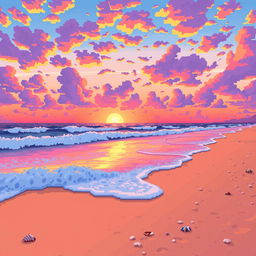 A vibrant beach scene at sunset, with large, stylized pixels creating a pixel art effect