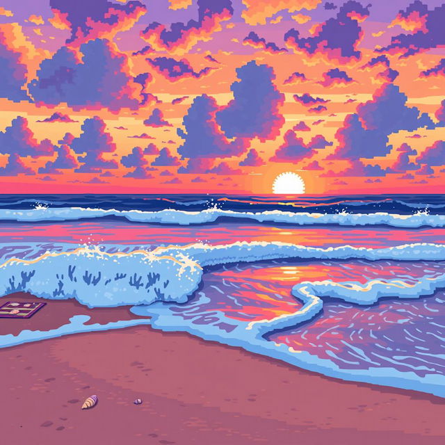 A vibrant beach scene at sunset, with large, stylized pixels creating a pixel art effect