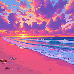 A vibrant beach scene at sunset, with large, stylized pixels creating a pixel art effect