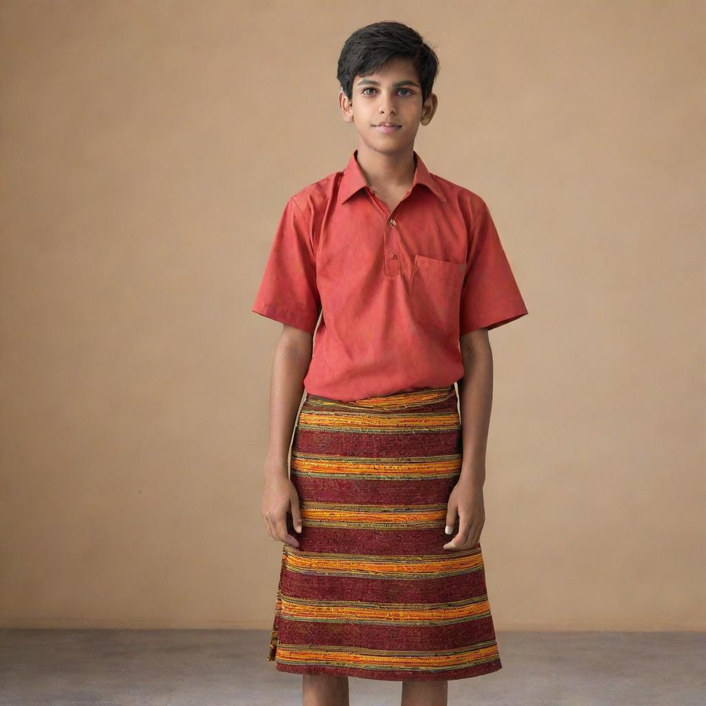 A young Indian teenager, with dark hair and brown eyes, donning a traditional lungi. He stands confidently, the vibrant colours of the lungi contrasting brilliantly with his warm skin tone.