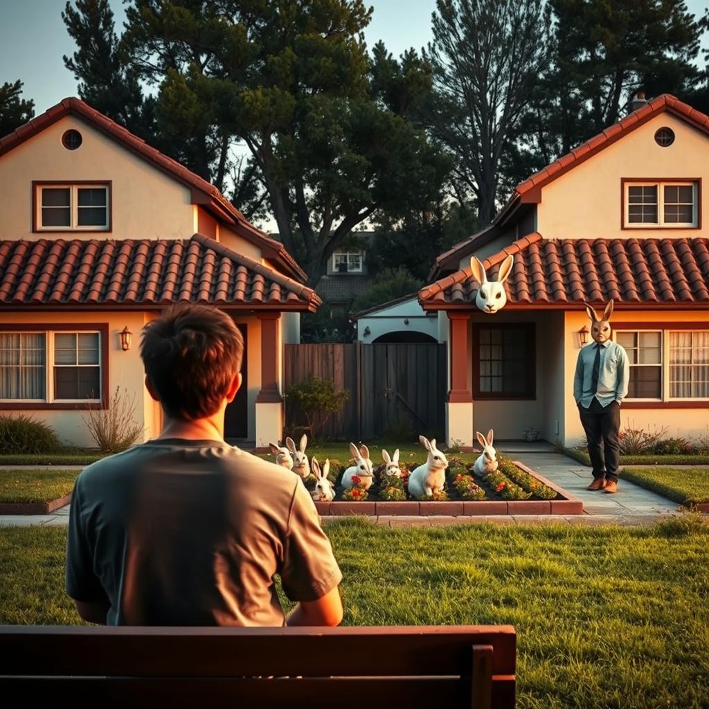 A young man with his back turned, sitting on a wooden bench, in front of two identical Spanish-style houses each featuring tiled roofs and stucco walls, separated by a quaint garden filled with playful rabbits