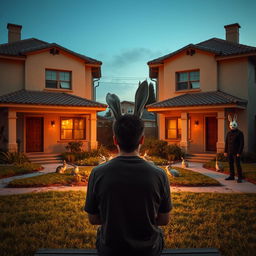 A young man with his back turned, sitting on a wooden bench, in front of two identical Spanish-style houses each featuring tiled roofs and stucco walls, separated by a quaint garden filled with playful rabbits