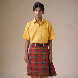 A young Indian teenager, with dark hair and brown eyes, donning a traditional lungi. He stands confidently, the vibrant colours of the lungi contrasting brilliantly with his warm skin tone.