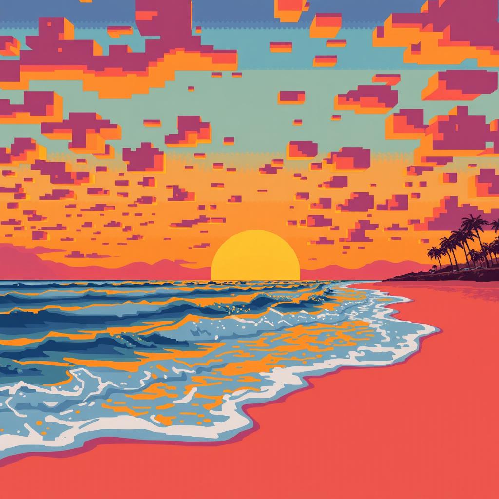 A vibrant beach scene at sunset, featuring large, bold pixels in a pixel art style