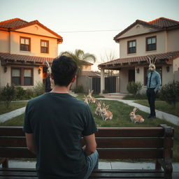 A young man with his back turned, sitting on a wooden bench, in front of two identical Spanish-style houses each featuring tiled roofs and stucco walls, separated by a quaint garden filled with playful rabbits