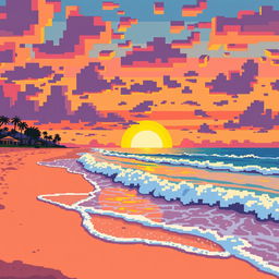 A vibrant beach scene at sunset, featuring large, bold pixels in a pixel art style