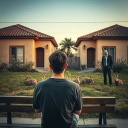 A young man with his back turned, sitting on a wooden bench, in front of two identical Spanish-style houses each featuring tiled roofs and stucco walls, separated by a quaint garden filled with playful rabbits