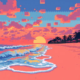 A vibrant beach scene at sunset, featuring large, bold pixels in a pixel art style