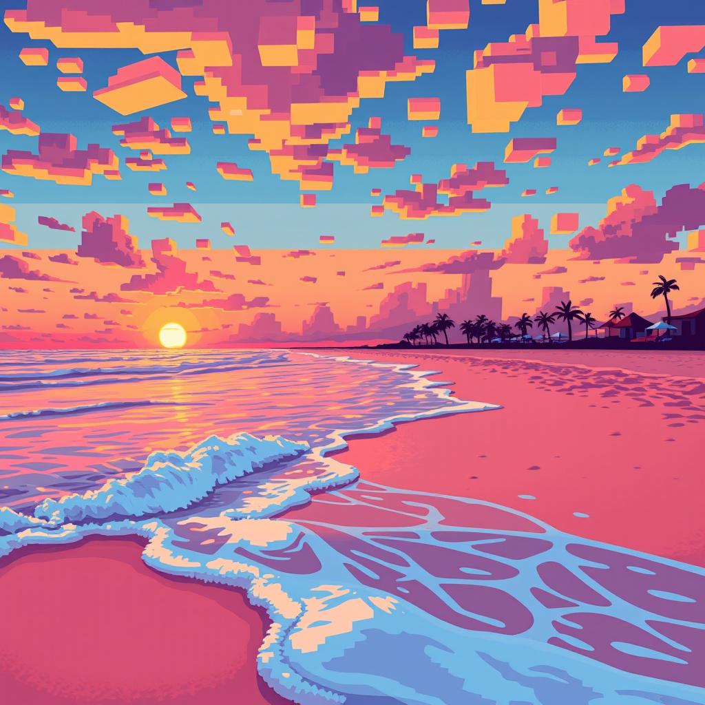 A vibrant beach scene at sunset, featuring large, bold pixels in a pixel art style