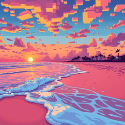 A vibrant beach scene at sunset, featuring large, bold pixels in a pixel art style