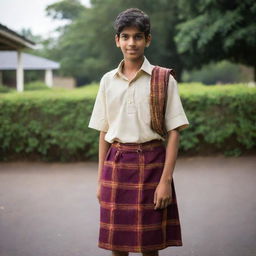 A young Indian teenager, with dark hair and brown eyes, donning a traditional lungi. He stands confidently, the vibrant colours of the lungi contrasting brilliantly with his warm skin tone.