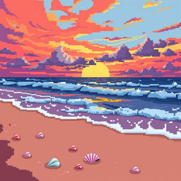 A stunning beach landscape at sunset, rendered in a bold pixel art style with large, distinct pixels