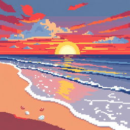 A stunning beach landscape at sunset, rendered in a bold pixel art style with large, distinct pixels