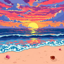 A stunning beach landscape at sunset, rendered in a bold pixel art style with large, distinct pixels