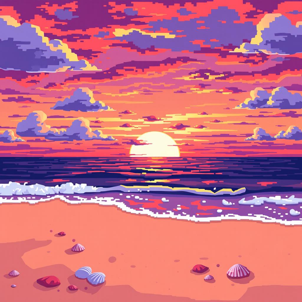 A stunning beach landscape at sunset, rendered in a bold pixel art style with large, distinct pixels