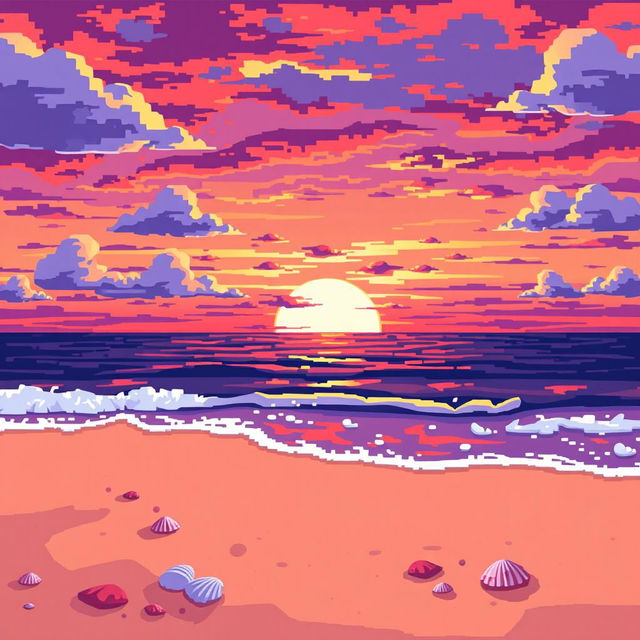 A stunning beach landscape at sunset, rendered in a bold pixel art style with large, distinct pixels