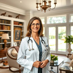 A typical American woman doctor, dressed in professional attire, confidently standing in her elegantly decorated wealthy home