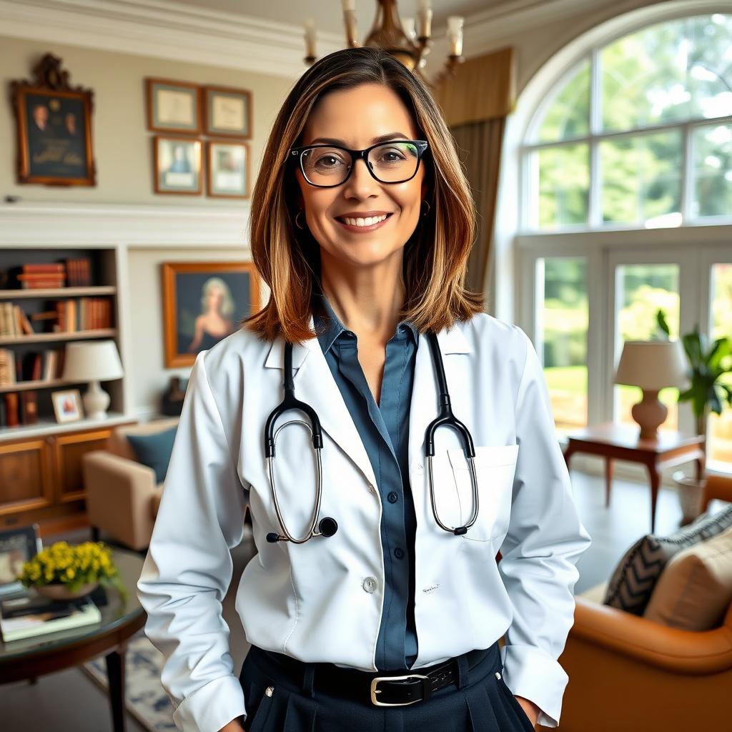 A typical American woman doctor, dressed in professional attire, confidently standing in her elegantly decorated wealthy home