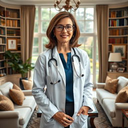 A typical American woman doctor, dressed in professional attire, confidently standing in her elegantly decorated wealthy home