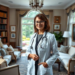 A typical American woman doctor, dressed in professional attire, confidently standing in her elegantly decorated wealthy home