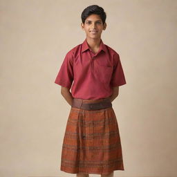 A young Indian teenager, with dark hair and brown eyes, donning a traditional lungi. He stands confidently, the vibrant colours of the lungi contrasting brilliantly with his warm skin tone.