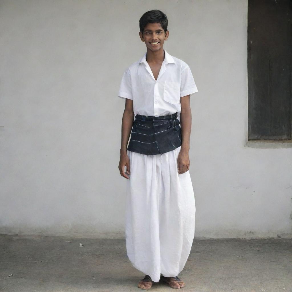 The young Indian teenage boy, now dressed in a more simplistic and monochrome lungi radiating an understated elegance.