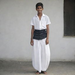 The young Indian teenage boy, now dressed in a more simplistic and monochrome lungi radiating an understated elegance.