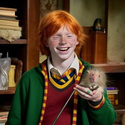 Ron Weasley, with his characteristically messy red hair, wearing Gryffindor uniform, and laughing cheerfully; holding his broken wand in one hand and Scabbers the rat in the other, inside the cluttered Weasley family home.