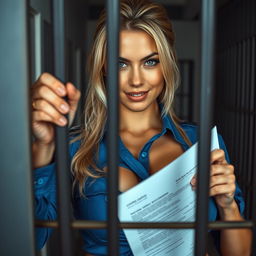 A close-up view through prison bars showcasing a gorgeous blonde female officer with wet hair