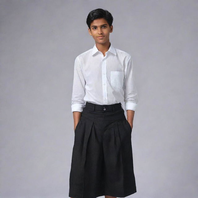 The young Indian teenage boy, now dressed in a more simplistic and monochrome lungi radiating an understated elegance.