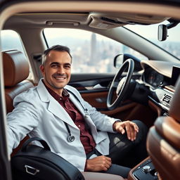 A wealthy American male doctor sitting inside a luxurious car, wearing a crisp white coat and stethoscope around his neck