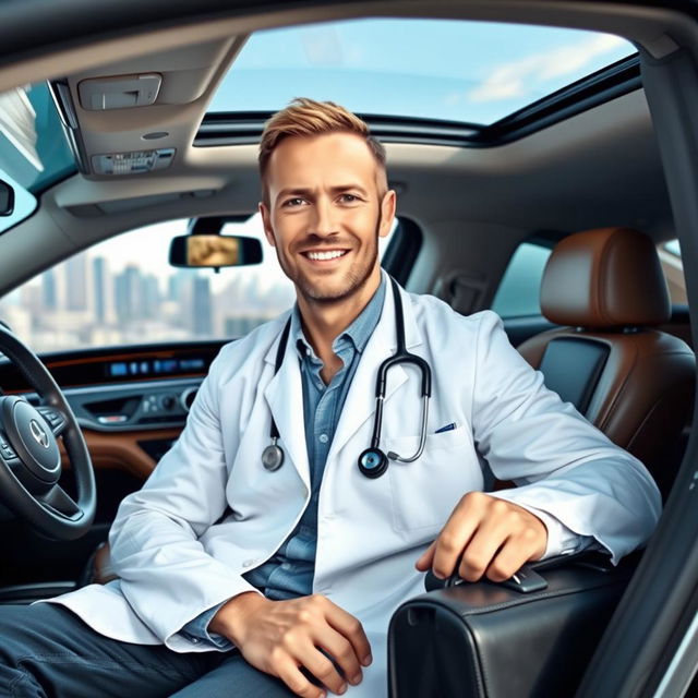 A wealthy American male doctor sitting inside a luxurious car, wearing a crisp white coat and stethoscope around his neck