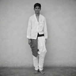 The young Indian teenage boy, now dressed in a more simplistic and monochrome lungi radiating an understated elegance.