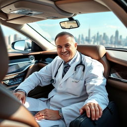 A wealthy American male doctor sitting inside a luxurious car, wearing a crisp white coat and stethoscope around his neck