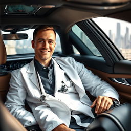 A wealthy American male doctor sitting inside a luxurious car, wearing a crisp white coat and stethoscope around his neck