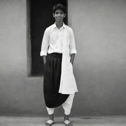 The young Indian teenage boy, now dressed in a more simplistic and monochrome lungi radiating an understated elegance.