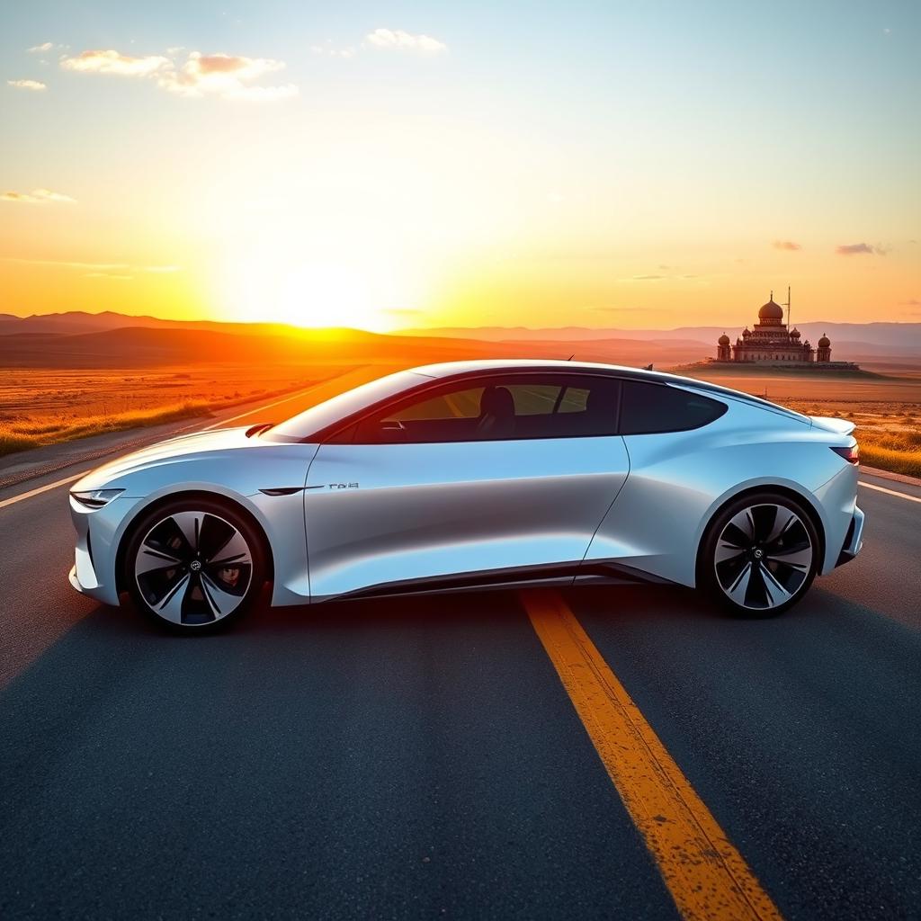 A sleek and modern car with a futuristic design, featuring smooth lines and a glossy finish, parked on an expansive, beautiful road surrounded by Kazakhstan's majestic landscapes