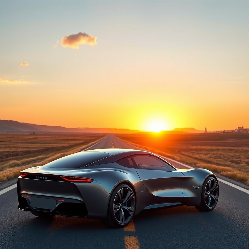 A sleek and modern car with a futuristic design, featuring smooth lines and a glossy finish, parked on an expansive, beautiful road surrounded by Kazakhstan's majestic landscapes