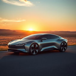 A sleek and modern car with a futuristic design, featuring smooth lines and a glossy finish, parked on an expansive, beautiful road surrounded by Kazakhstan's majestic landscapes