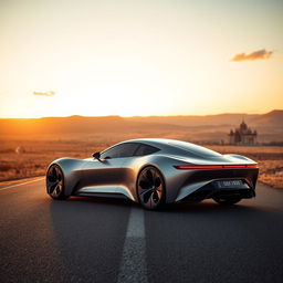 A sleek and modern car with a futuristic design, featuring smooth lines and a glossy finish, parked on an expansive, beautiful road surrounded by Kazakhstan's majestic landscapes