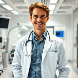 A typical handsome American male doctor in a modern hospital setting