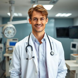 A typical handsome American male doctor in a modern hospital setting