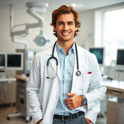 A typical handsome American male doctor in a modern hospital setting