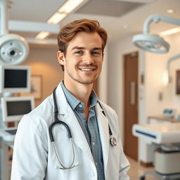 A typical handsome American male doctor in a modern hospital setting