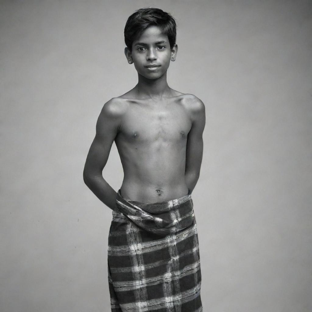 The young Indian teenage boy, now shirtless, draped in a simple, monochrome lungi, displaying his youthful vigour and strength.