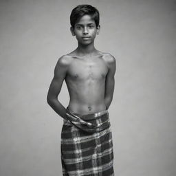 The young Indian teenage boy, now shirtless, draped in a simple, monochrome lungi, displaying his youthful vigour and strength.