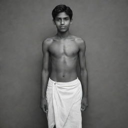 The young Indian teenage boy, now shirtless, draped in a simple, monochrome lungi, displaying his youthful vigour and strength.