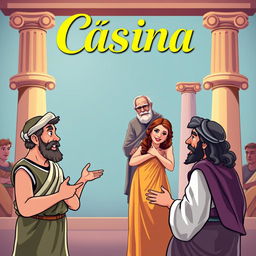 A vibrant and humorous theatrical poster for a Greco-Latin comedy titled 'Cásina'