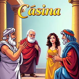 A vibrant and humorous theatrical poster for a Greco-Latin comedy titled 'Cásina'